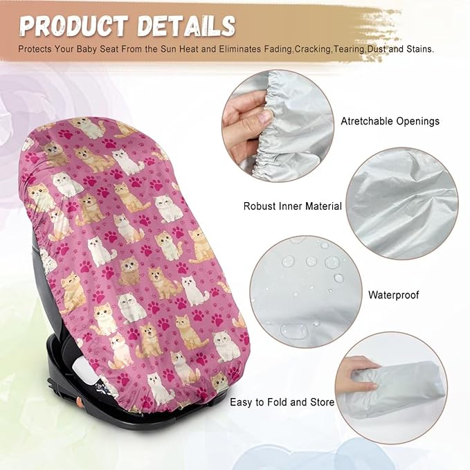 Car Seat Sun Shade Cover Cute Cat Car Seat Cooler Toddler Car Seat Cover Heat Protector Tear-Resistant Baby Seat Covers Keep Baby Cool and Child Safety for Travel, Elastic Style