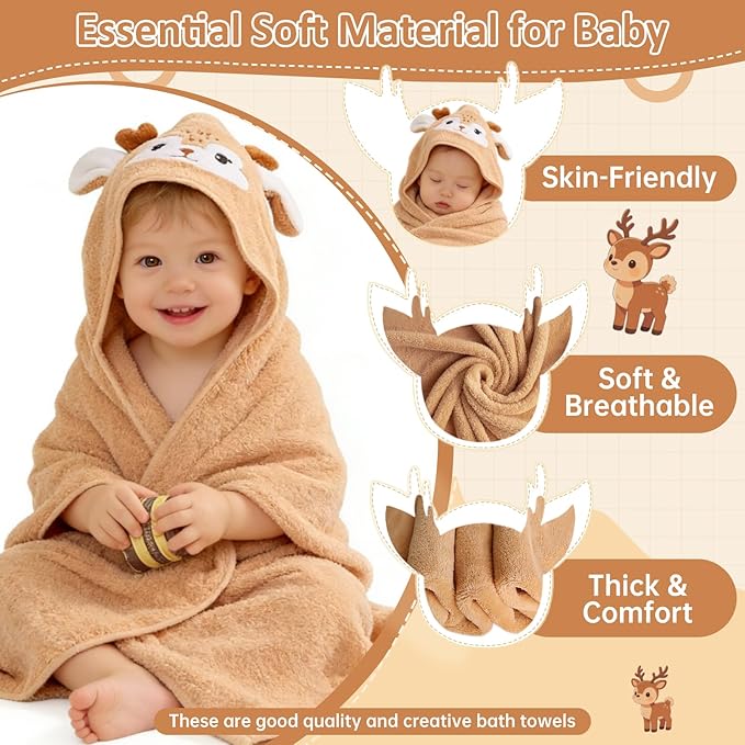 Hooded Baby Towel, Premium Soft Coral Fleece Baby Towel for Baby, Newborns, Toddlers, Infant- Ultra Absorbent, Natural Baby Stuff Towel with Hood for Boys and Girls (Brown Deer)