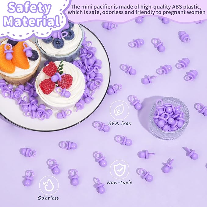 200 Mini Pacifiers Baby Shower Game Girl, 0.86’’ Plastic Pacifiers Baby Shower Game, Bulk Baby Shower Pacifiers for Gender Reveal Baby Shower Decoration DIY, Table Scatter, Baby Shower Favors (Purple)