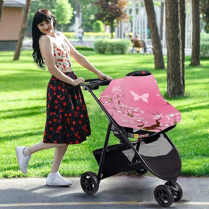 Stylized Cherry Blossom Flowers Baby Car Seat Covers, Nursing Cover Breastfeeding Scarf Soft Breathable Stretchy Coverage, Infant Stroller Cover for Boys Girls