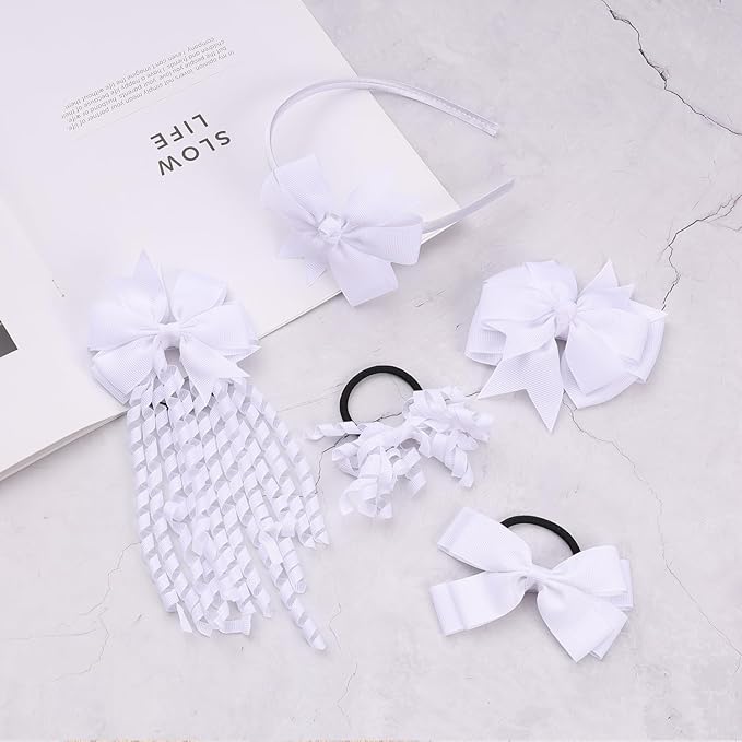 School Hair Accessories Set 14 Pcs Uniform Hair Bow Headband Clips Hair Ties Curly Korker Bows for Little Toddler School Girls (White)