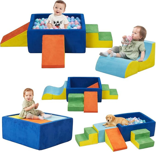 Foam Climbing Blocks for Toddlers, 6-Piece Soft Play Set with Ball Pit, Modular Baby Climbing Toys Indoor, Washable & Foam Playset for Crawling, Sliding & Balance (Balls Not Included)