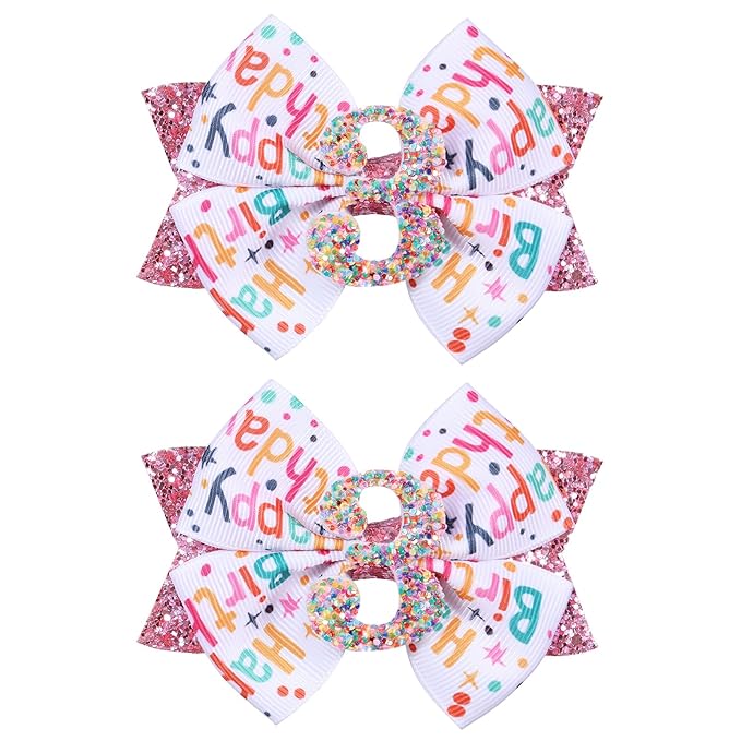 4" Glitter Happy Birthday Hair Bow Clips for Women, Pink Ribbon Cheer Bow Barrettes Alligator Hairpins, Confetti Ice Cream Party Dress Accessories, Her 3rd Birthday Gift