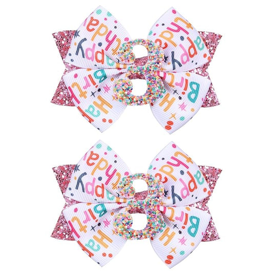 4" Glitter Happy Birthday Hair Bow Clips for Women, Pink Ribbon Cheer Bow Barrettes Alligator Hairpins, Confetti Ice Cream Party Dress Accessories, Her 3rd Birthday Gift