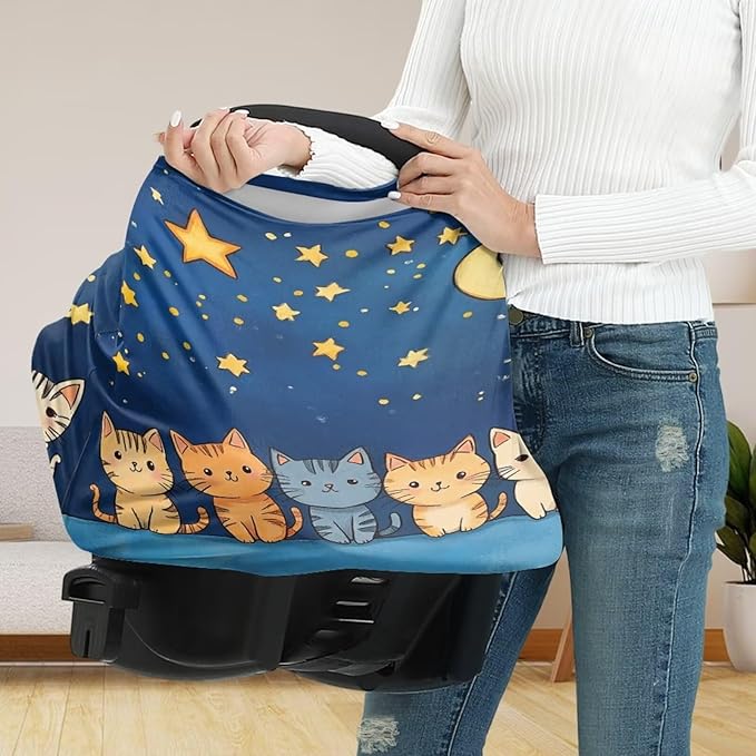 Binienty Starry Sky Anime Cat Car Seat Cover for Baby,Stretchy Infant Carseat Canopy Soft Fashion Mom's Nursing Cover Breastfeeding Scarf Portable Baby Car Seat Covers