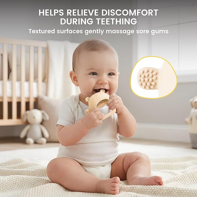 Lulyboo Silicone Teething Baby Bear, Soft and Durable Easy Grip Teether, Self Soothing Pain Relief for Teething, 0-12 Months (Ivory)