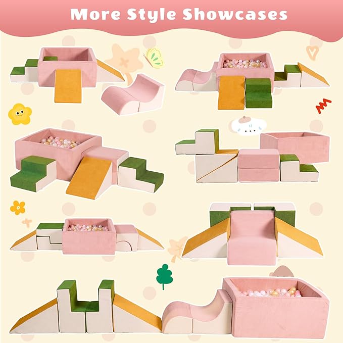 6-Piece Modular Foam Climbing Blocks for Toddlers 6-24 Months, Oeko-TEX Certified Soft Play Set with Large Ball Pit, Pink Indoor Crawling Toys for Baby Girls (Balls Not Included)