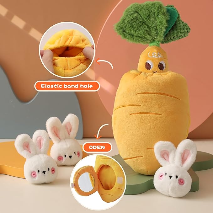 Sensory Carrot House Toy for Babies - Plush Montessori Toy with Mirror, 3 Bunny Rattles & Pull-Out Carrot, Crinkle Leaf, Fine Motor Skills Development, Washable