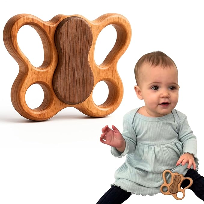 HippoToys Handcrafted Wooden Baby Rattle | Natural Teething Toy | Montessori Sensory Developmental Toy | Non-Toxic Organic Wood | Newborn Infant Baby Boy Girl Gift 0-12 Months