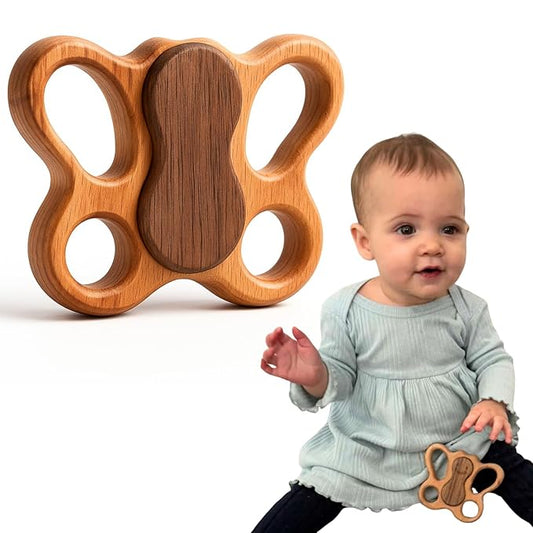 HippoToys Handcrafted Wooden Baby Rattle | Natural Teething Toy | Montessori Sensory Developmental Toy | Non-Toxic Organic Wood | Newborn Infant Baby Boy Girl Gift 0-12 Months