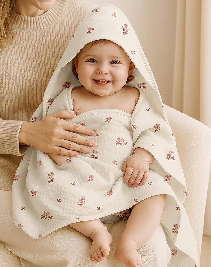 Hooded Baby Towels 2 Pack, Muslin Baby Bath Towels with Hood for Newborn Infant and Toddler, Soft Breathable & Absorbent, 32" x 32" (Beige & Sage, Heavyweight)