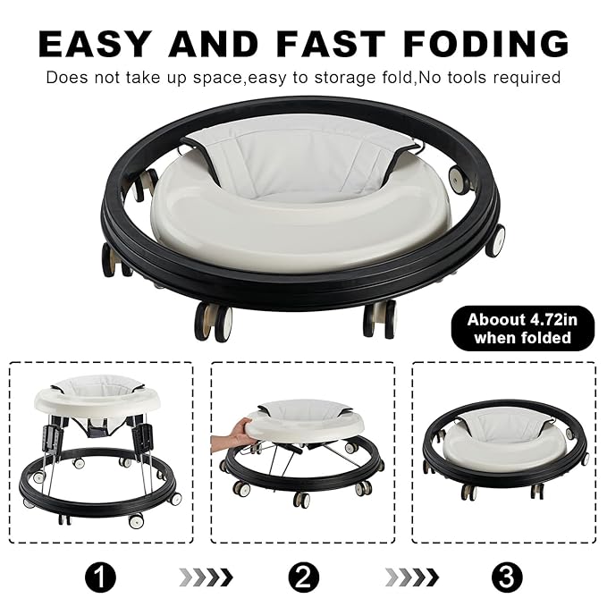Adjustable Baby Walkers for Baby with Easy Clean Tray, Universal Wheeled Walker, Anti-Rollover Folding Walker for Girls Boys 6-18Months Toddler (White)