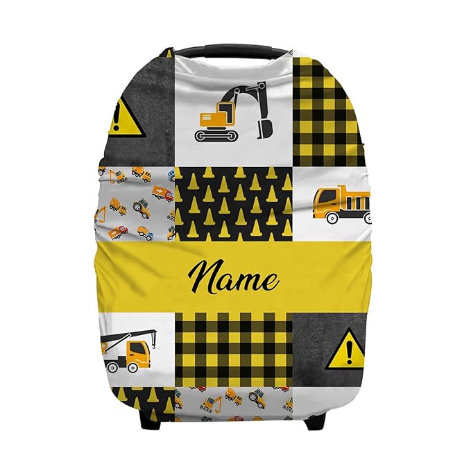 Personalized Excavators Trucks Construction Baby Car Seat Covers with Name, Custom Nursing Cover Breastfeeding for Babies, Carseat Canopy for Boys, Infant Stroller Cover, Breathable Carseat Cover