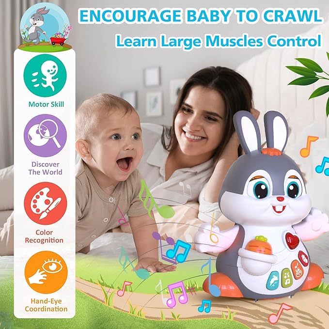 MOONTOY Easter Bunny Musical Toy for 1 +Year Old, Baby Crawling Toys 6 to 12 Months, Baby Easter Gifts for Girls Boys Dancing Toys for 6 7 8 9 10 12 18 Months, Baby Easter Basket Stuffers