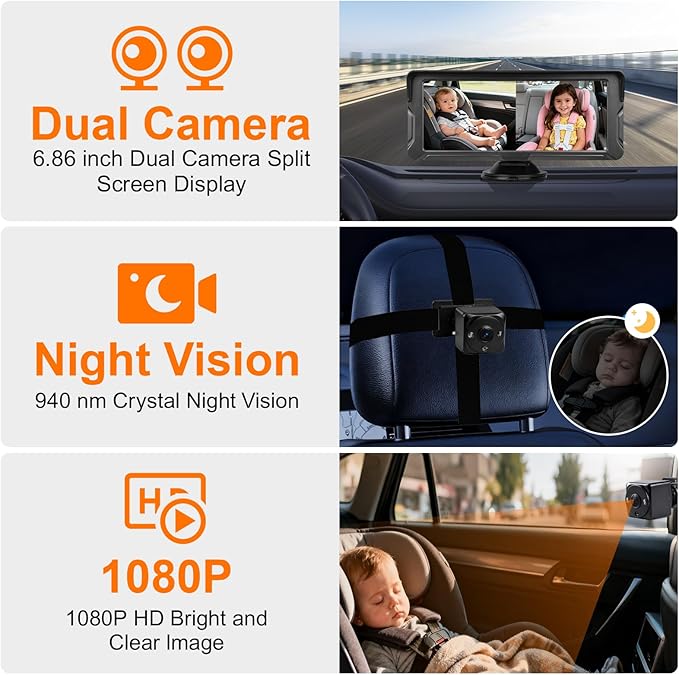 Baby Car Camera for 2 Kids 1080P Split-Screen Monitor Dual Cam Rear-Facing Cameras IR Night Vision 360° Rotatable Backseat Screen, Car Seat Mirror Alternative (0079 with 6.86in Monitor)