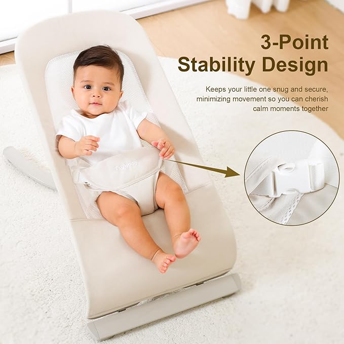 3-in-1 Baby Bouncer & Portable Rocker Chair for Newborn to Toddler - 4 Adjustable Recline Positions, Breathable Cotton Fabric, Natural Vibration, Supports Up to 33 lbs, Khaki