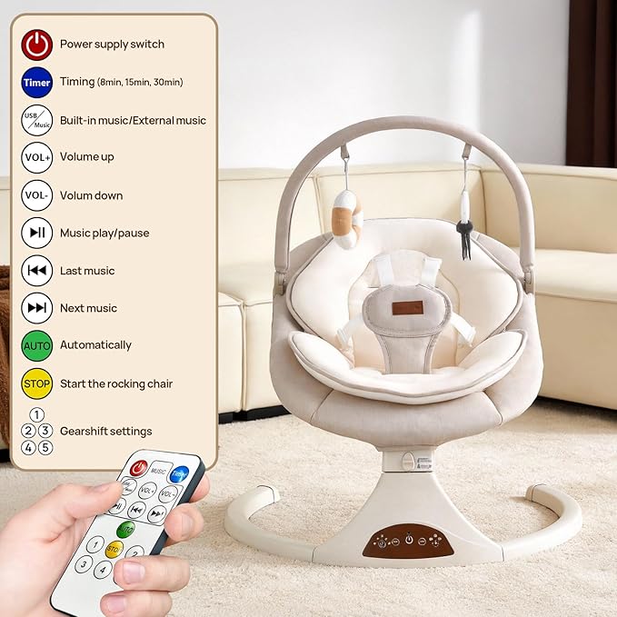 Baby Swings for Infants, Portable Infant Swing with 5-Speed Settings, Bluetooth Music & Timer, Suitable for Newborns up to 9 Months (Beige)