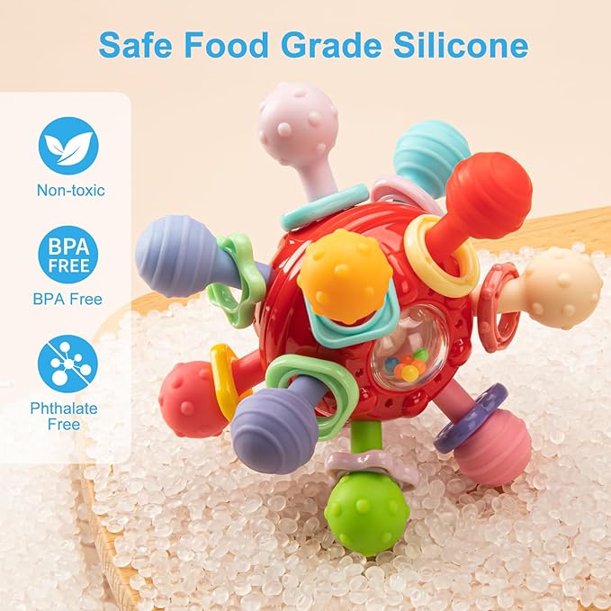 Easter Baby Teething Toys for 0-6 6-12 Months, BPA Free Food Grade Silicone Teether, Infant Sensory Chew Rattles Toys, Perfect Baby Easter Basket Stuffers & Easter Gifts, Red
