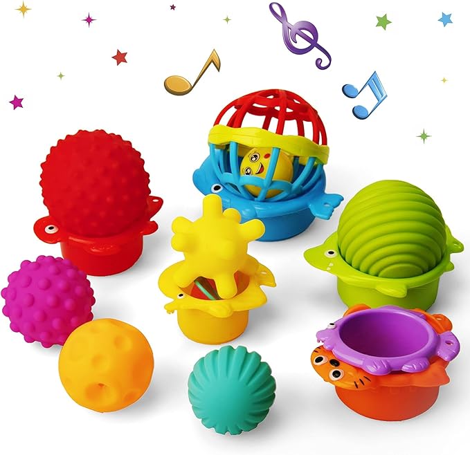 Sensory Balls for Toddlers - Textured Multi Ball Set for Babies, 6 Colorful Soft and Squeezy Sensory Toys with Stacking Cups Baby Rattle Ball - Stress Relief & Sensory Developmental Toy for Kids