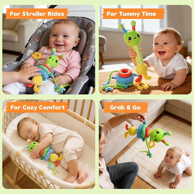 Baby Toy 0-12 Months - BPA-Free Soft Plush Sensory Toy with Gentle Squeaker, Safe Hand Grip & Teething Relief, Portable Newborn Toy for Diaper Bag, Baby Shower Gift (Green Caterpillar)