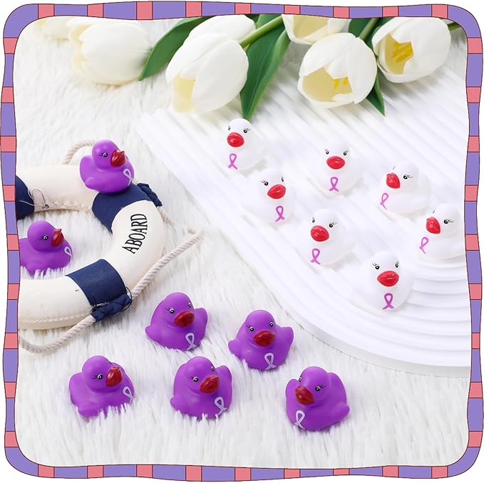 Lunmon 200 Pcs Purple and White Rubber Ducks Cervical Health Alzheimers Awareness Product Domestic Violence Awareness Ribbon Duck Float Mini Bath Toy Bulk Pancreatic Cancer for Charity Event Supplies