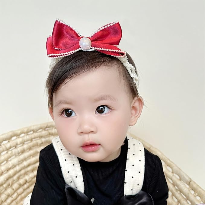 Bow Lace Headbands for Baby Girls Soft Tulle Ribbon Pearl Head Wrap Elastic Bow-knot Hair Band Shower Birthday Hair Accessory for Newborn Infant Toddler (Red A, Elastic)