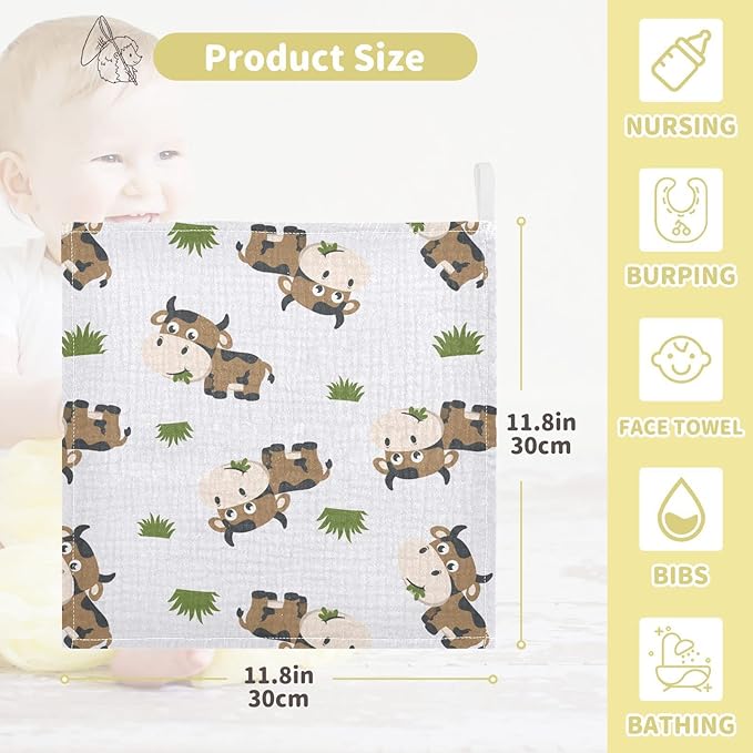 vvfelixl Cotton Brown Cow Grass Muslin Washcloths - Soft Baby Face Towel for Newborn Infants, 11.8 X 11.8 Inch, 5 Pack
