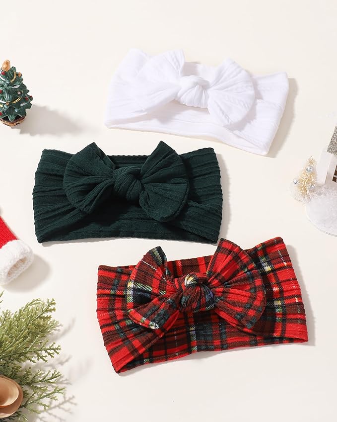 jollybows 3 PCS Baby Girls Headbands Soft Stretchy Nylon Hair Bows Handmade Bows for Baby Girls Infants Newborn Toddlers Kids - White, Dark Green, Christmas Red Grid