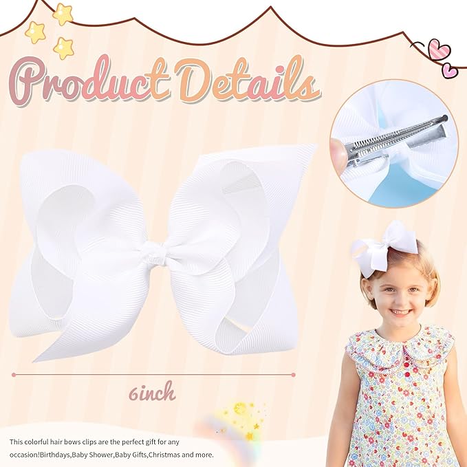 2PCS Oaoleer Layered Grosgrain Ribbon Alligator Hair Clips, White 6-inch Barrettes for Girls, Infants, Toddlers, Kids, and Teens