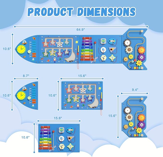 Spacocld Montessori Busy Board - Blue Rocket Activity Wall Panels, Wall Toys for Toddlers 3+, Sensory Panels for Kids, Wooden Activity Cubes, Playroom Daycare Toys, Toddler Sensory Board (4PCS)