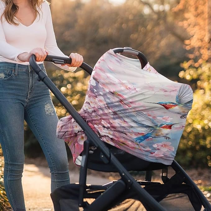 Binienty Hummingbird Cherry Blossom Baby Carseat Canopies and Nursing Covers for Car, Breathable Babies Infants Stroller Cover, Sun Protection