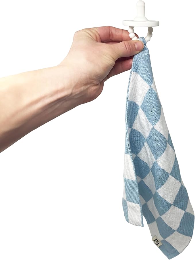 L+L USA Checkered Baby Lovey 100% Organic Cotton Knit Pacifier/Teether Holder 11"x11" - DreamSoft Cuddly Soothie Mini Comfort Blanket - Newborn Gift Essential Babies, Toddlers Boys Girls (Blue/White)