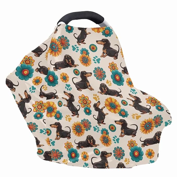 AFPANQZ Boho Flower Dachshund Stretchy Baby Car Seat Nursing Breastfeeding Cover Kit Super Breathable Multiuse Infant Carseat Canopy Stroller Cover Scarf for All Seasons Girl Boy Baby