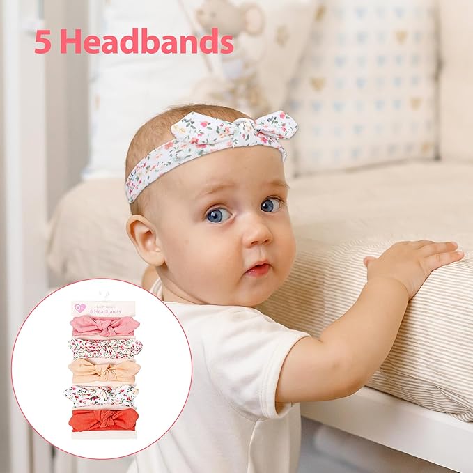 5 Pack Baby Girls Bows Headbands, Soft Polyester Hairbands Handmade Newborn Infant Toddler Hair Accessories Elastic Knot Hairbands with Hair Bows