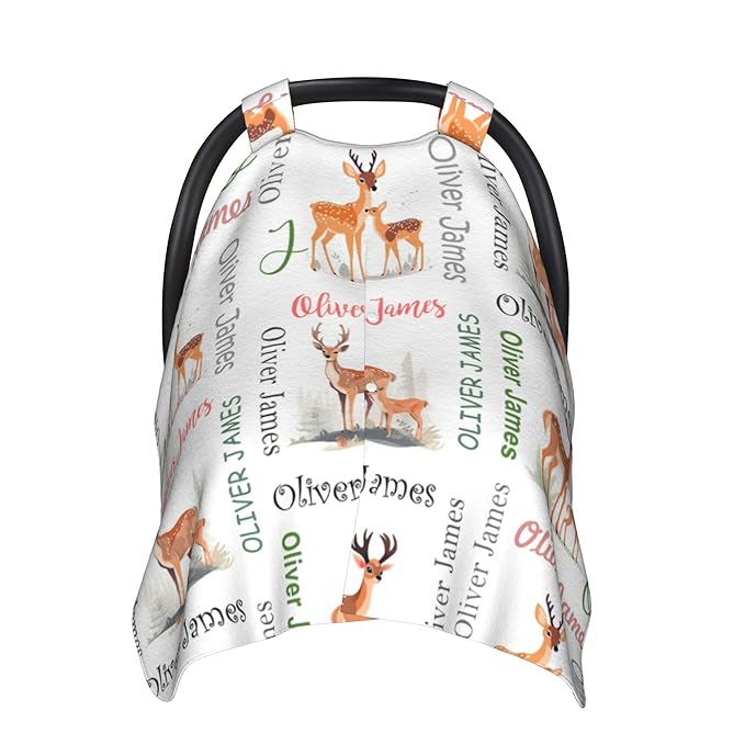 Custom Baby Car Seat Canopy Personalized Car Seat Covers with Name for Baby Boys Girls Customized Deer Nursing Breastfeeding Cover Infant Carseat Canopies Newborn Minky Baby Blanket