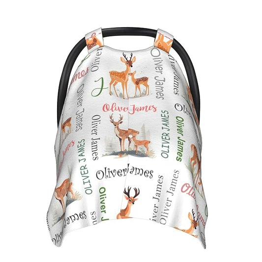 Custom Baby Car Seat Canopy Personalized Car Seat Covers with Name for Baby Boys Girls Customized Deer Nursing Breastfeeding Cover Infant Carseat Canopies Newborn Minky Baby Blanket