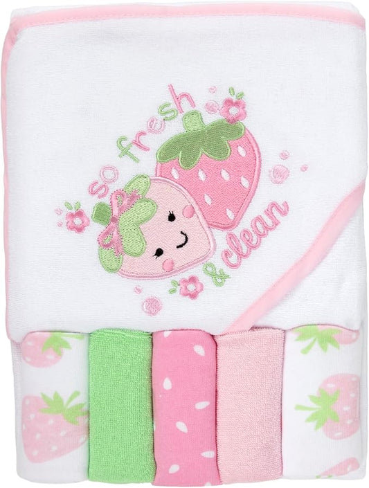 Baby Hooded Bath Towel and Washcloth Set for Infant Girls 6-12 Months (So Fresh Strawberry Pink)