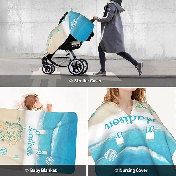 Custom Baby Car Seat Canopy with Name, Personalized Stroller Baby Car Seat Covers for Boys Girls, Minky Nursing Carseat Cover for Breastfeeding, Car Seat Canopies for Infant Newborn(Sea Turtle)
