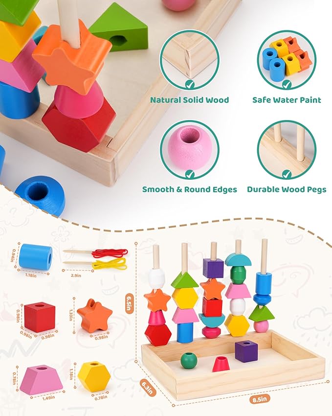 Montessori Toys for 3 Year Old, Stacking Toys for Toddlers, Stacking Blocks, Lacing Beads, Matching Shape Preschool Toys, Montessori Toys for 3 4 5 Year Olds with Canvas Storage Bag