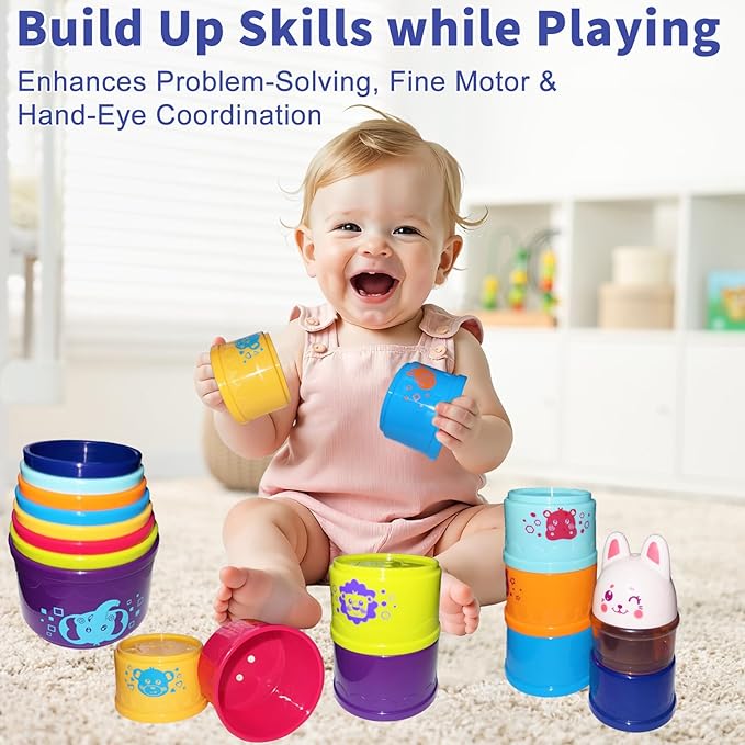 WEEJOYGAM Stacking Cups for Babies 6-12 Months, Baby Stacking Toys for Toddlers 1-3 Easter Basket Stuffers, Nesting Color Stack Blocks Stackable Montessori Toys for 1 2 Year Old Girl Boy Birthday Gift