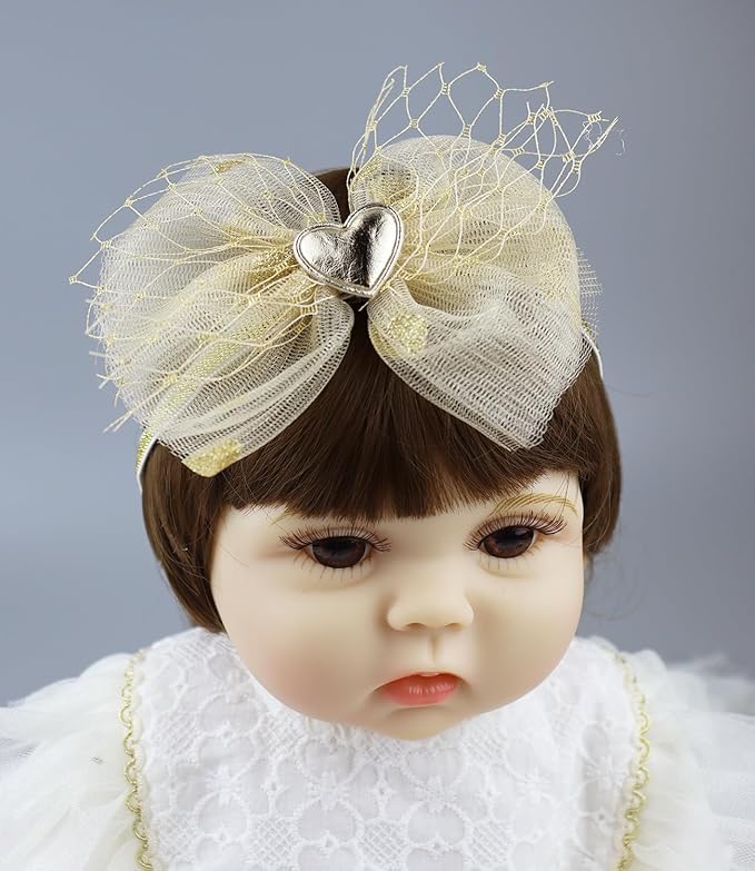 Bethynas baby girls Lace Bowknot Headband Gauze Bow Elastic Toddlers Hairband Birthday Party Princess Crown Heart Hair Accessories for Newborn Infant Baby (Gold)