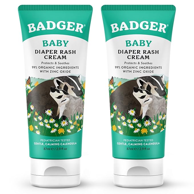 Badger Baby Diaper Rash Cream, Zinc Oxide Diaper Cream for Babies, Natural Skin Barrier Cream with Organic Sunflower Oil & Beeswax, 2.9 fl oz, 2-Pack