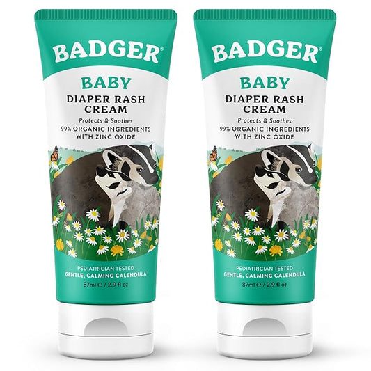 Badger Baby Diaper Rash Cream, Zinc Oxide Diaper Cream for Babies, Natural Skin Barrier Cream with Organic Sunflower Oil & Beeswax, 2.9 fl oz, 2-Pack