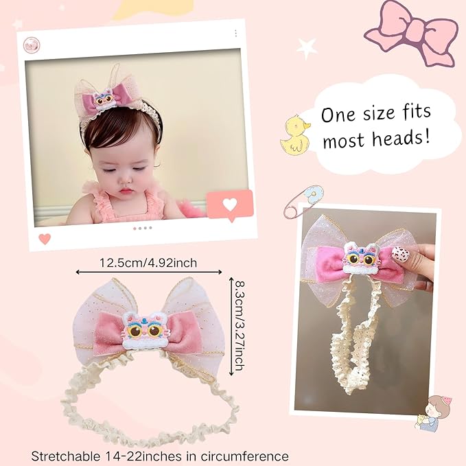 Cute Lace Bow Baby Girls Headbands Large Knot Hair Band Soft Chiffon Hairband Elastic Shower Hair Accessories for Newborn Infant Toddler Kids (Lion, Elastic)