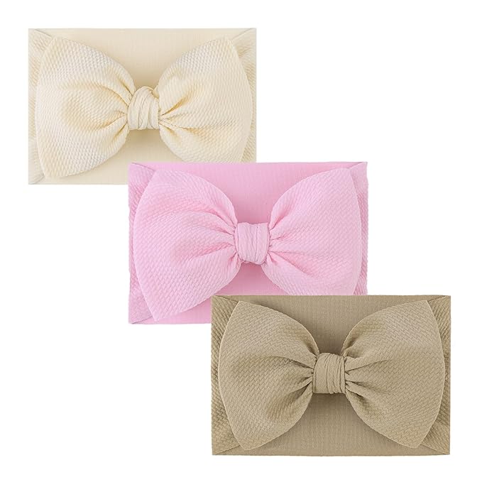 YanJie 3PCS 7'' Big Bows Baby Girls Headbands Soft Stretchy Newborn Bows Infant Baby Hair Bows Toddler Headwrap Hair Accessories Khaki Beige Light Pink