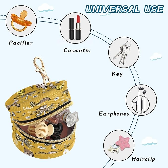 Pacifier Holder with Clip Pacifier Case for Diaper Bag Round Baby Pacifier Pouch Box Bag Portable Yellow Floral Jungle Monkeys and Trees