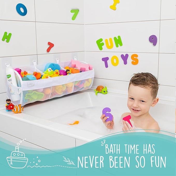 Comfylife Large Bath Toy Organizer with Letters and Numbers – 3 Compartment Bath Toy Holder for Bathtub & Shower – Quick-Dry Mesh with 4 Strong Adhesive Hooks