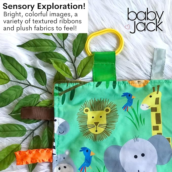 Baby Jack & Co 8x8” Jungle Zoo Animals Lovey Tag Toys for Babies - Crinkle Toys for Development of 5 Senses - Soft & Safe - Learn Shapes & Colors - Tummy Time - Soother - BPA Free w/Stroller Clip