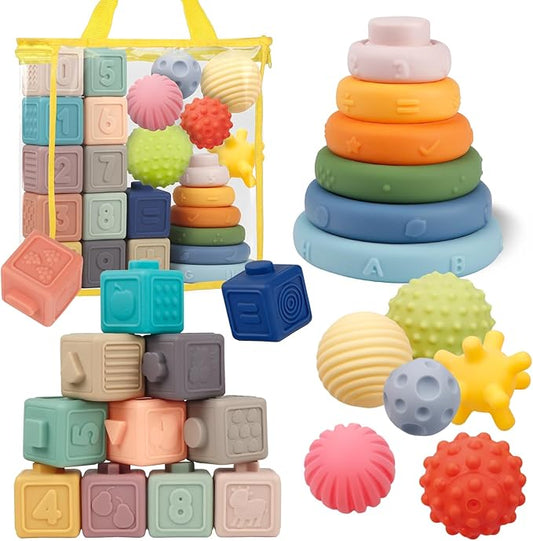 Montessori Baby Toys - Soft Baby Blocks, Stacking Rings & Sensory Balls, 24Pcs 3-in-1 Teething Toys Set for Babies 6-12 Months, Building Blocks Easter Birthday for Boys Girls