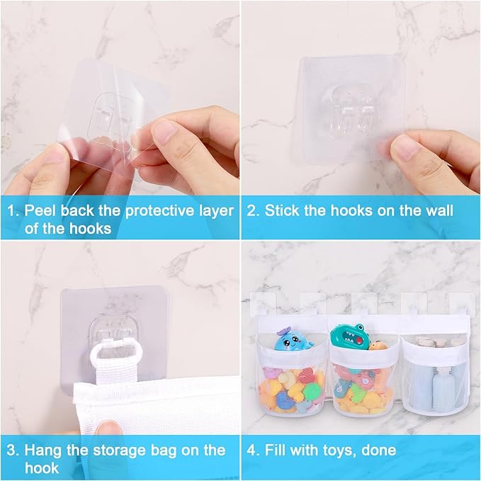 Bath Toy Storage Organizer, 3 Compartment Bath Toy Holder for Tubs, Large Capacity & Quick-Drying Mesh - 5 Strong Adhesive Hooks for Easy Access